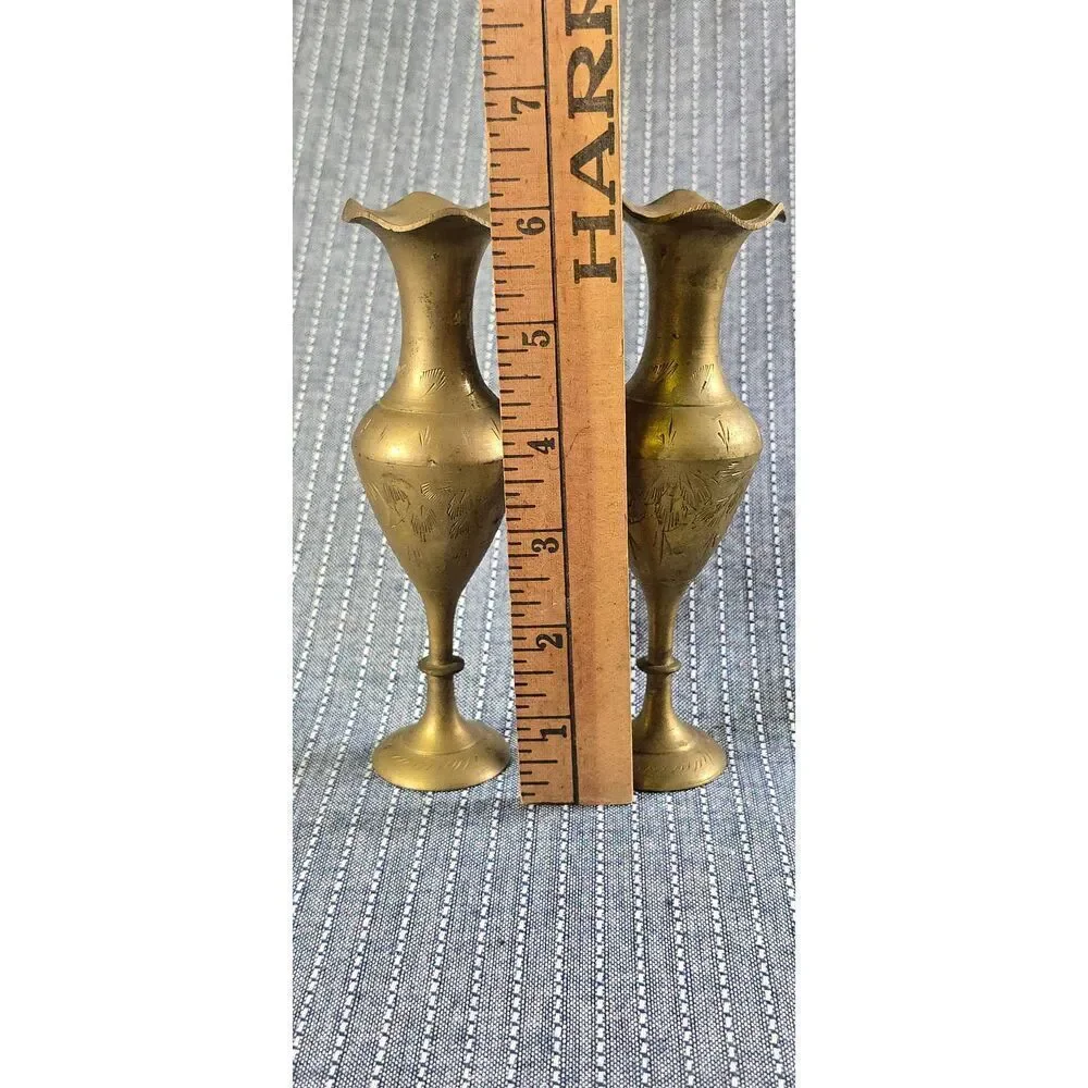 Two Vintage Brass Vases with etched floral and foliage patterns